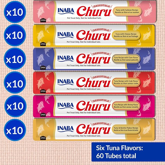 INABA Churu Cat Treats, Lickable, Squeezable Creamy Purée Cat Treat with Green Tea Extract & Taurine, 0.5 Ounces Each Tube, 60 Tubes, Tuna Variety Box - Image 6
