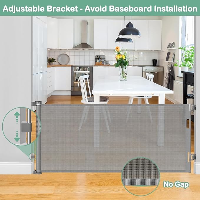 55 Inch Retractable Dog Gate Outdoor Scratch-Resistant Mesh Baby Gate for Stairs Retractable Baby Gates for Doorways Anti-Climb Outdoor Dog Gates for Decks Keep Kid/Pet away from Dangerous Place, Gray