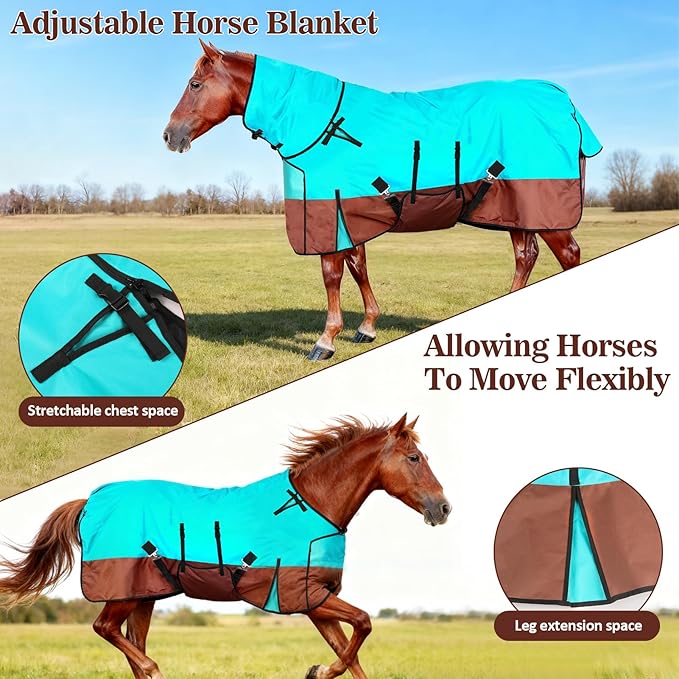72" Waterproof Breathable Horse Blanket (No Fill), 600D Oxford Cloth Winter Turnout Rain Sheet with Removable Neck Cover, Windproof Tail Flap and Belly Wrap, Suitable for Stables, Pastures, Paddock
