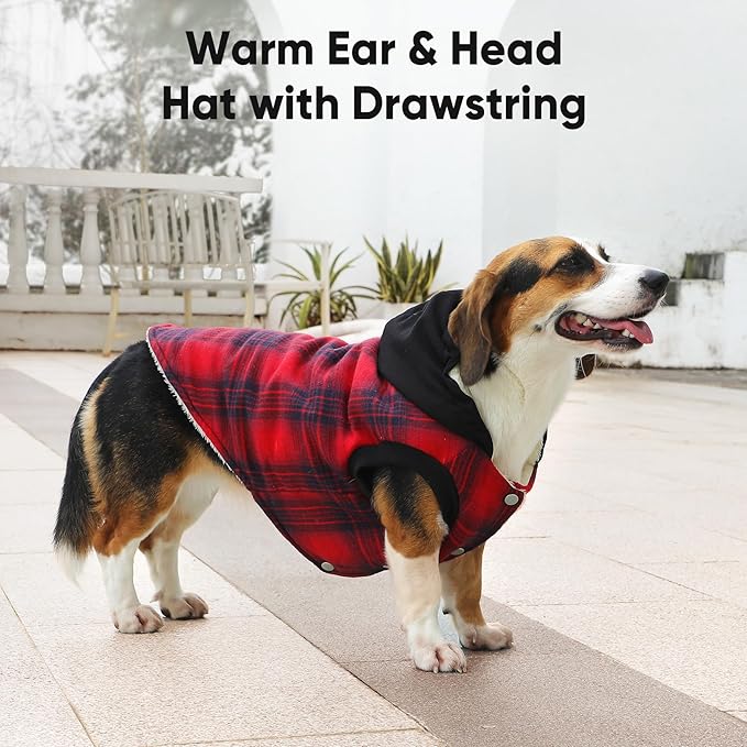 Vecomfy Fleece Lining Dog Hoodie for Medium Dogs Extra Warm Plaid Sweater with Drawstring Hooded Coats in Winter Doggie Jacket,Red XL