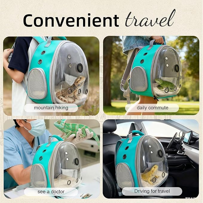 Bearded Dragon Travel Backpack Carrier with Reptile Thermometer and Humidity Gauge Lizard Travel Cage Space Capsule Clear Bubble Window Astronaut Reptile Carrier Bag for Ball Python (Green, Backpack)