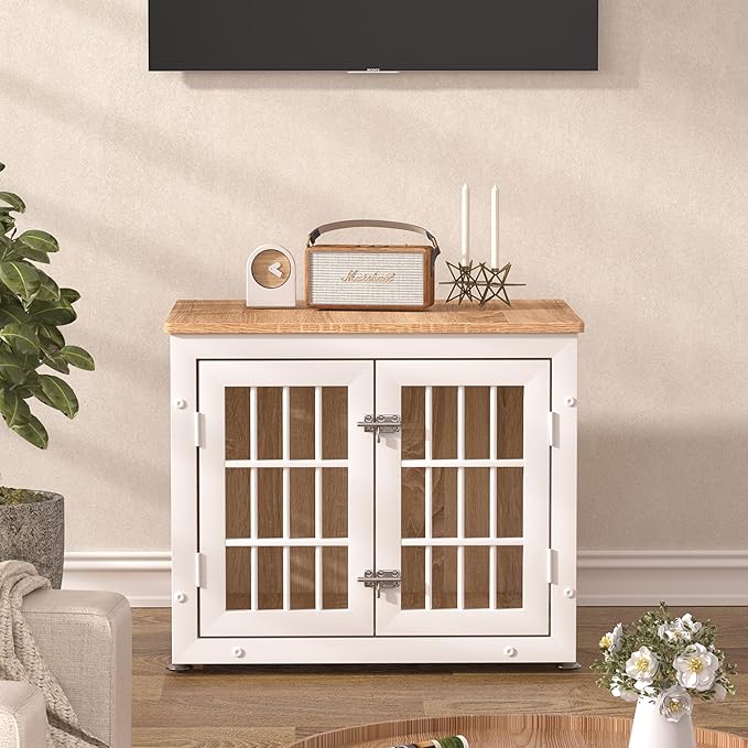 rehomerance 26" Heavy Duty Dog Crate Furniture for Small Dogs, Metal Kennel for High Anxiety Dogs, Chew Proof Pet Cage Indoor, Decorative Dog Kennel End Table,White