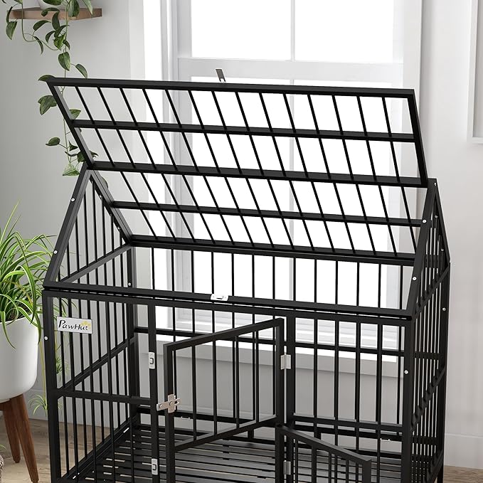 PawHut 48" Heavy Duty Dog Crate, Strong Steel Large Dog Crate with 4 Lockable Wheels, Double Doors, Openable Top and Removable Tray, for Extra Large and Large Breeds, Black