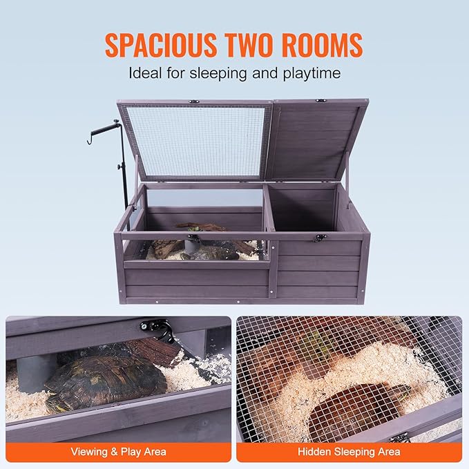 VEVOR Tortoise Habitat, Cedar Wooden Tortoise House Indoor & Outdoor, Tortoise Enclosure with Adjustable Lamp Holder, 2-Room Reptile Enclosure Small Animal Cage for Gecko, Lizard, Snake 38x24x13 inch