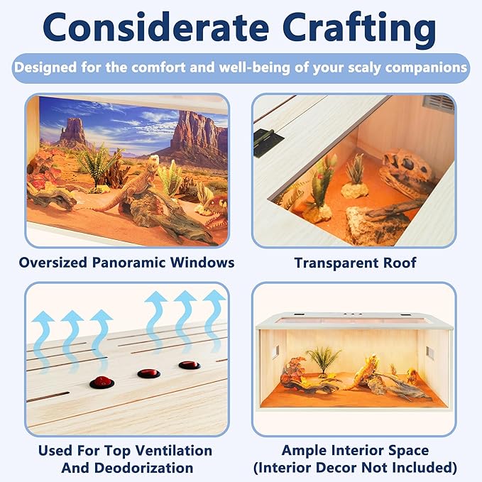 PROLEE Bearded Dragon Tank,Wooden Reptile Tank and Lizard Tank,Tempered Glass Large Bearded Dragon Enclosure with Built-in Lamp Fixture (48X20X20inch,80 Gallons)