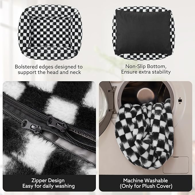 JOEJOY Dog Bed Medium Size Dog, Removable Washable Cover Orthopedic Soft Pet Bed, Anti-Slip Fluffy Plush Faux Rabbit Fur Puppy Bed, 30"x24"x8", Checkered, Black
