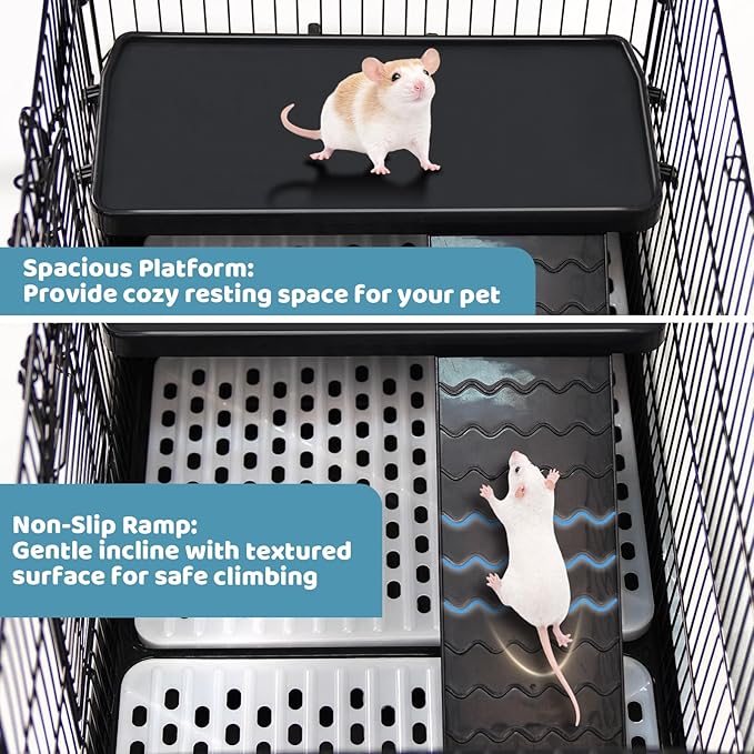 Homey Pet 2-Level Rat Cage, Small Animal Cage for Gerbil, Guinea Pig, Hamster, Chinchilla with Anti-Spray Urine Guard, Paw-Safe Mesh Floor, Removable Tray, 4 Lockable Wheels, Ramp & Platform, Black