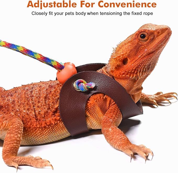 LIKZINWA Bearded Dragon Lizard Leash Harness,4 Size Pack Adjustable Small Animal Harness for Reptile and Small pet (Brown)