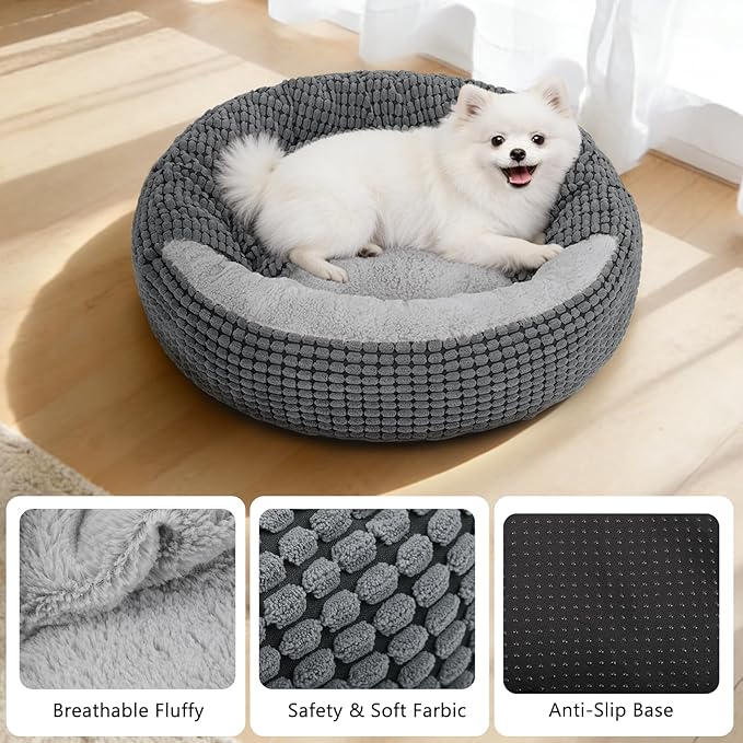 SIWA MARY Small Dog Bed with Attached Blanket, Cozy Donut Cuddler Anti-Anxiety Hooded Pet Beds Calming Cave Bed. Orthopedic Round Puppy Beds for Dogs or Cats Washable, Anti-Slip Bottom, 23inch
