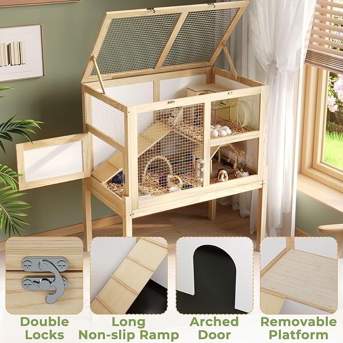 Guinea Pig Cages for 2, Rabbit Hamster Cage with Wooden Stand, 2-Story Large Indoor Small Animal House with a Pull Out Tray and Ramp, Guinea Pig Hideout Platform for Hamster,Natural