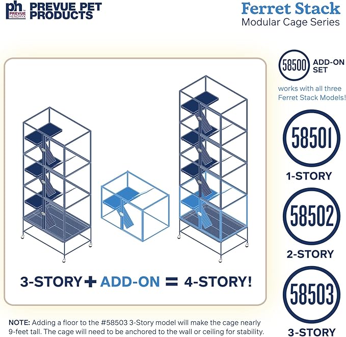 Prevue Pet Products Ferret Stack Three Story Ferret Home with Portable Stand, Escape Proof Lock, Hammock, Ramps, Expandable Add-On Cage Stacking System