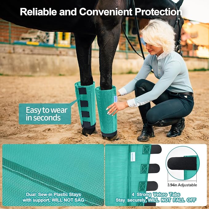 Mesh Horse Fly Boots Set of 4, Loose Fitting Leggings for Horses, Reduce Stressful Stomping, Breathable Adjustable and Universal Fit for 4 Legs, Reliable Stay Put (Mint)