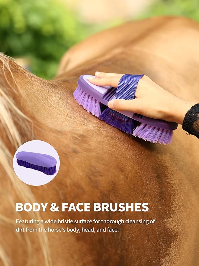 Harrison Howard Horse Grooming Kit, 9-Piece Complete Grooming Tools Set with Non-Slip Silicone Grip for Daily Horse Care, Bathing & Shedding Purple