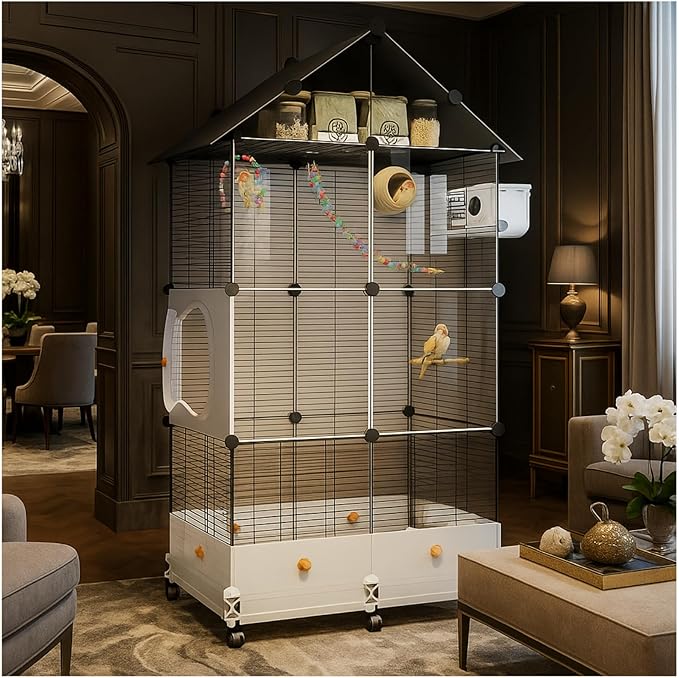60in Large Flight Bird cage, Equipped with Bird's Nest， Ladder, Swing, Feeder, etc. with Wheels for Easy Outdoor Movement, Suitable for Parrots, Pigeons (Black, 28.4" L x14.2W x 60" H)