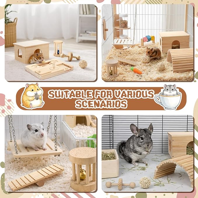Leinuosen 19 Pcs Hamster Cage Accessories Toy Set Large 12*9*7 Inch Wood House with Window and Water Bottle with Stand Foraging Toy Hideout Hamster Climbing for Starter Guinea Pig Small Animal Habitat