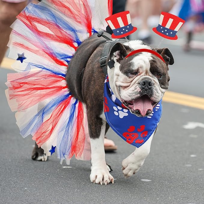 Silkfly 6 Pieces 4th of July Dog Costume Accessories Includes 4th of July Dog Bandanas Puppy Tulle Tutu and Dog Patriotic Headbands for Dogs Independence Day Fourth Apparel Accessories