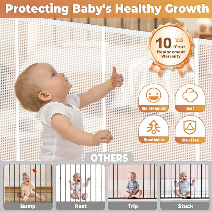 236" Retractable Baby Gates Dog Gate Extra Wide, 42" Tall Child Pet Safety Gate with Reinforced Strips for Stairs, Long Mesh Garage Gates Fence for Outdoor Indoor Large Openings Driveway Decks Patio