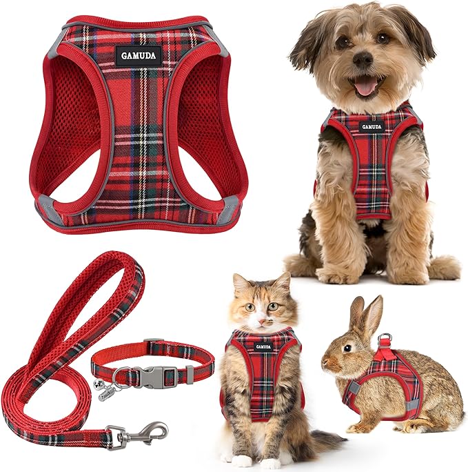 GAMUDA Small Dog Harness Collar and Leash Set, Step in No Chock No Pull Soft Mesh Adjustable Dog Vest Harnesses Plaid Reflective for Dogs Puppy Cats Kitten Rabbit (Red, M)