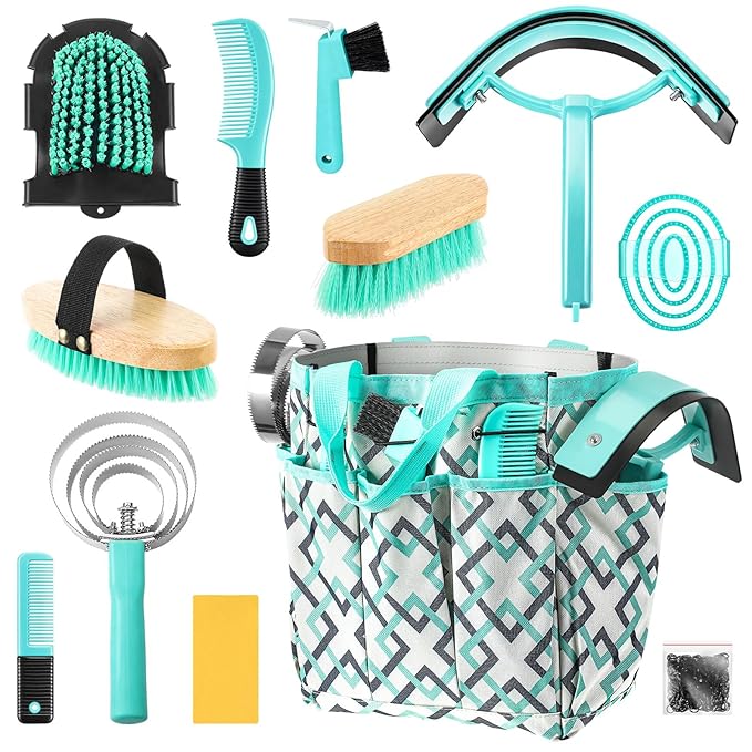 Abbylike 12 Pieces Horse Grooming Kit with Organizer Tote Bag Tack Room Supplies Horse Brush Sets Equine Care Cleaning Kit Shedding Grooming Massaging Tools (Mint Green and Grey)