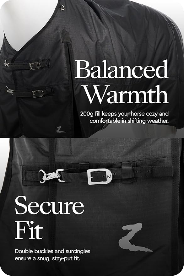 HORZE Nevada Medium Weight 1200D Waterproof Horse Turnout Blanket (200g Fill) - Black - 81 in