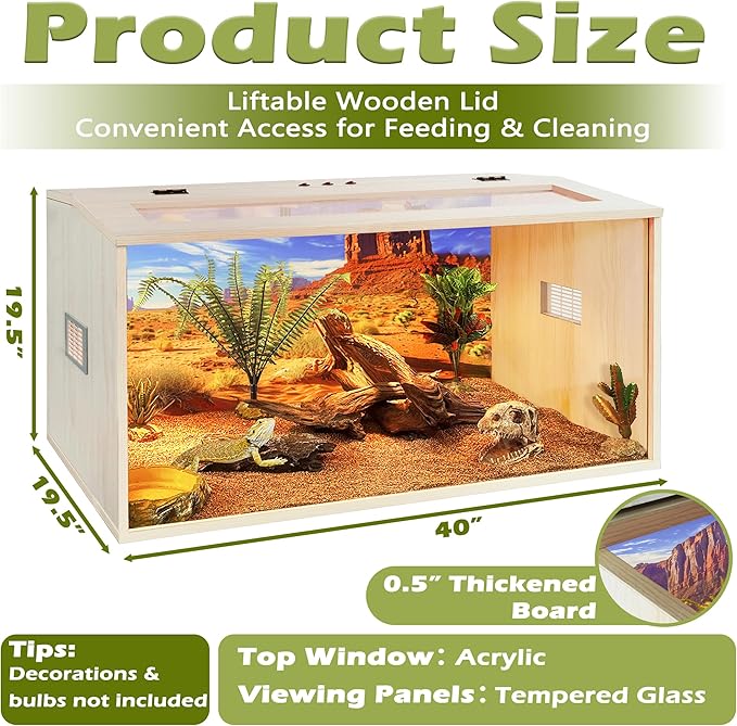 PROLEE Bearded Dragon Tank, Up to 81Gallon Reptile Enclosure, Tempered Glass Lizard Tank, Bearded Dragon Enclosure with Built-in Lamp Fixture for Chameleon (Wooden Roof, 68Gallons,40x19.5x19.5 Inch)