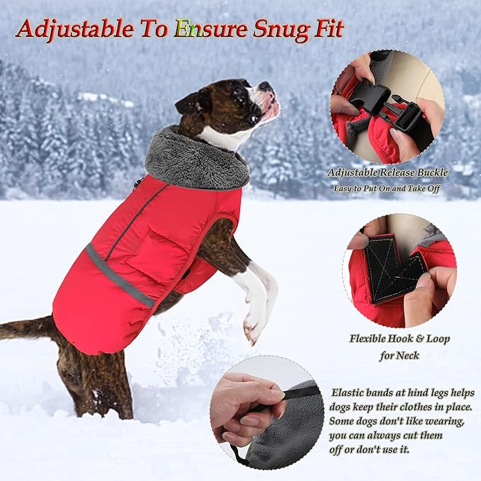 Dogcheer Warm Dog Coat, Christmas Dog Jacket Waterproof Puppy Winter Coat with Buckles, Reflective Adjustable Pet Snow Jacket Turtleneck Fleece Sweater for Small Medium Large Dogs - Red, 3XL