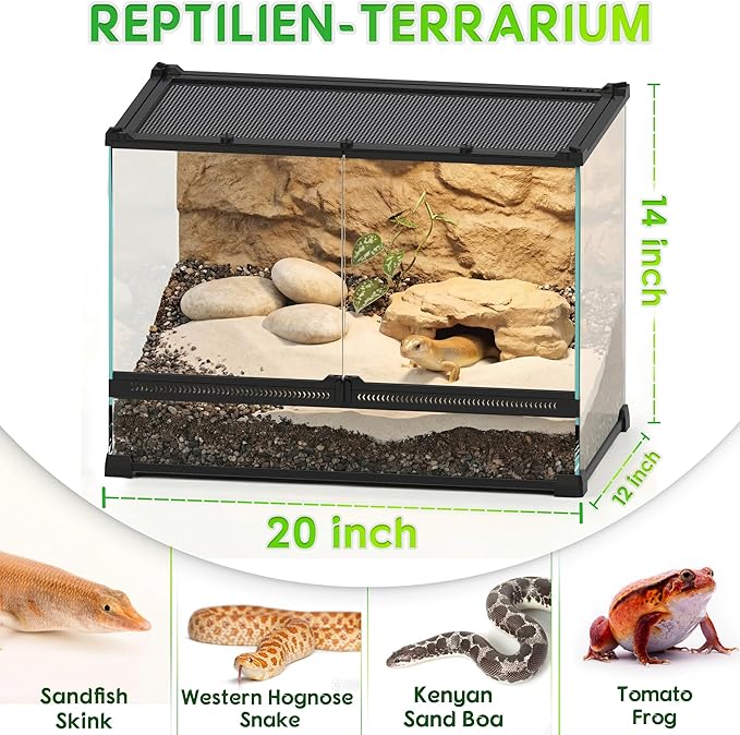 14 Gallon 20"x12"x14" Professional Glass Terrarium, Dual Front Doors with Feeding Slot & Heat-Resistant Aluminum Frame, for Juvenile Reptiles Like Sandfish Skinks, Hognose Snakes & Frogs.