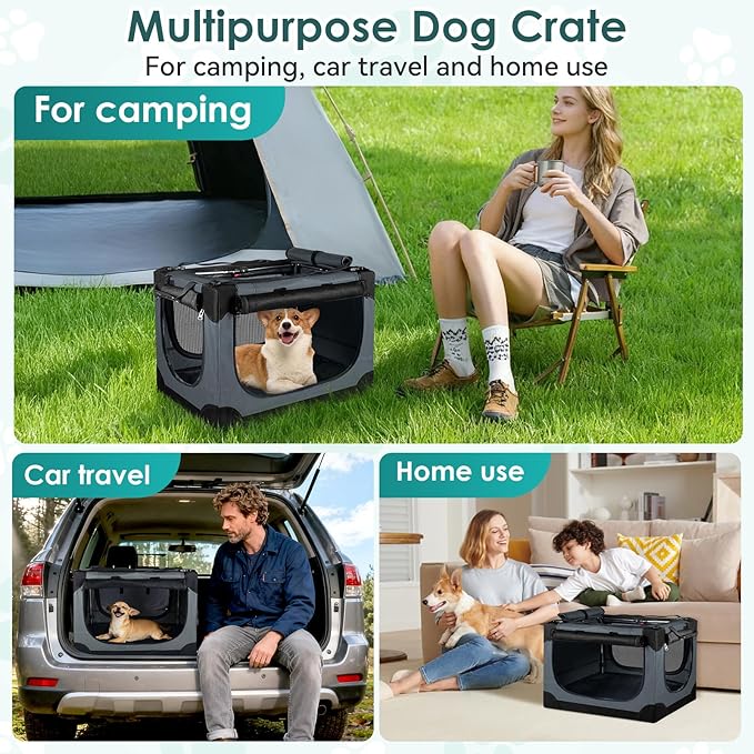 Soft Small Dog Crate - 24 inch Portable Travel Puppy Crate for Small Pets or 2 Cats, Collapsible Pet Carrier with 4 Mesh Doors, Car Kennel for Dogs with Handle for Indoor and Outdoor, Grey