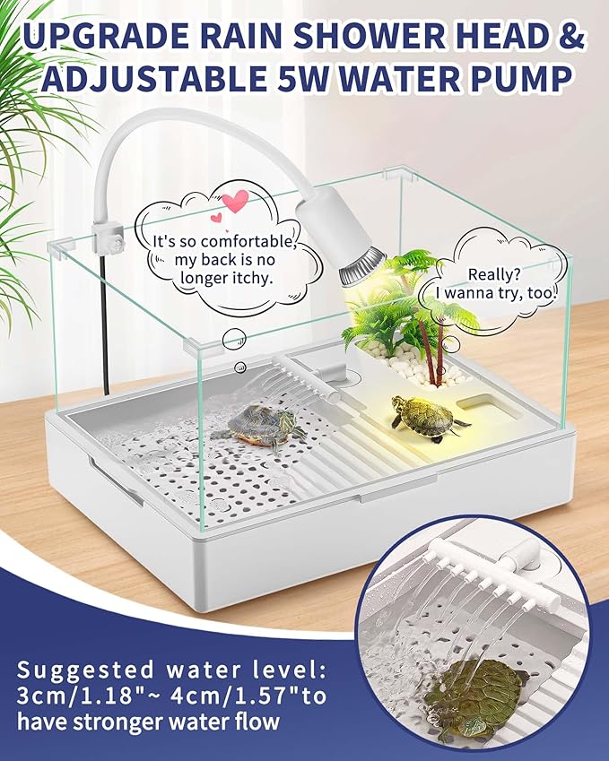 MoonOrange Small Turtle Tank Kit(Tank + Light + Water Pump), Acrylic Turtle Tank Starter Kit with Upgrade Rain Shower Head, Adjustable 5W Water Pump, Higher Fences and Multi-Function Area. (S-Kit)