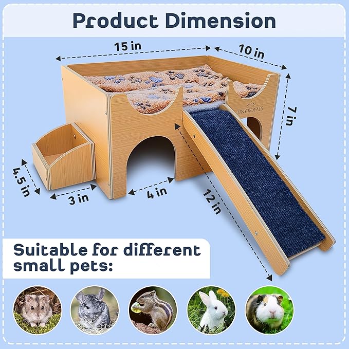 Guinea Pig Wooden Hideout with Built-in Feeder, Screw-Assembled Natural Wood Castle with Absorbent Fleece Mat, Ramp & Accessories, Cozy Safe Hideaway for Small Pets to Rest, Play & Explore