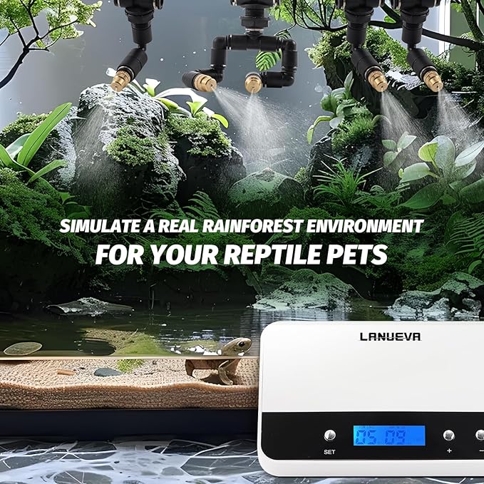 LANUEVA Timing Reptile Smart Mister, Terrarium Misting System with 3 Single Nozzles 360°Adjustable + 1 Double Nozzle, Reptile Fogger Humidifier for Lizard, Chameleon, Plants, Amphibian, Vivarium, Tank