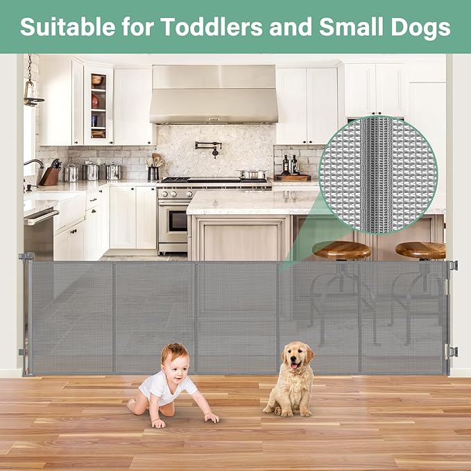 Reinforced 26 Inch Tall Retractable Child Gate to Step Over 95" Wide Small Retractable Baby Gates for Stair Retractable Dog Gate Short Mesh Dog Gate Retractable Toddler Gates for Doorways Doggy Gate