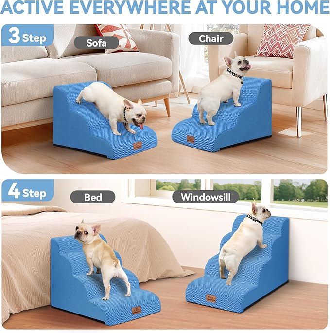 Zerbuger Dog Ramp and Stair for Bed 16" H-20 H,3-Step Cat Stair for Sofa and Chair,4-Step Dog Ramp for High Bed and Window,Durable Nonslip Fabric Cover for Indoor (Blue-16“H, Pet Friendly, 3)