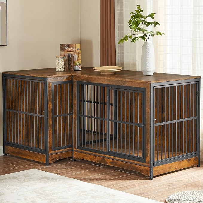 Rovibek 86" Stackable Dog Kennel Furniture with Removable Divider & 3 Doors, Double Dog Crates Furniture for 2 Dogs, Corner Dog Crate Furniture, Rustic Brown