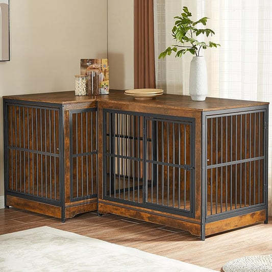 Rovibek 86" Stackable Dog Kennel Furniture with Removable Divider & 3 Doors, Double Dog Crates Furniture for 2 Dogs, Corner Dog Crate Furniture, Rustic Brown