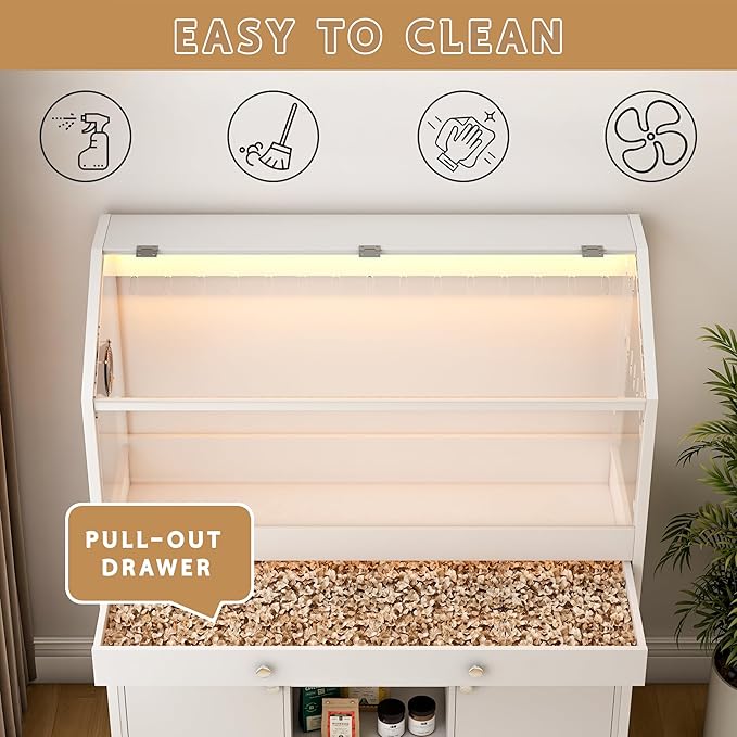 Pipleo Hamster Cage with Storage Cabinet, 43.3" Small Animal Cage with LED Lights and Fan, Easy View Acrylic Panel, Large Habitat for Guinea Pig, Ferret, Rat, Hedgehog