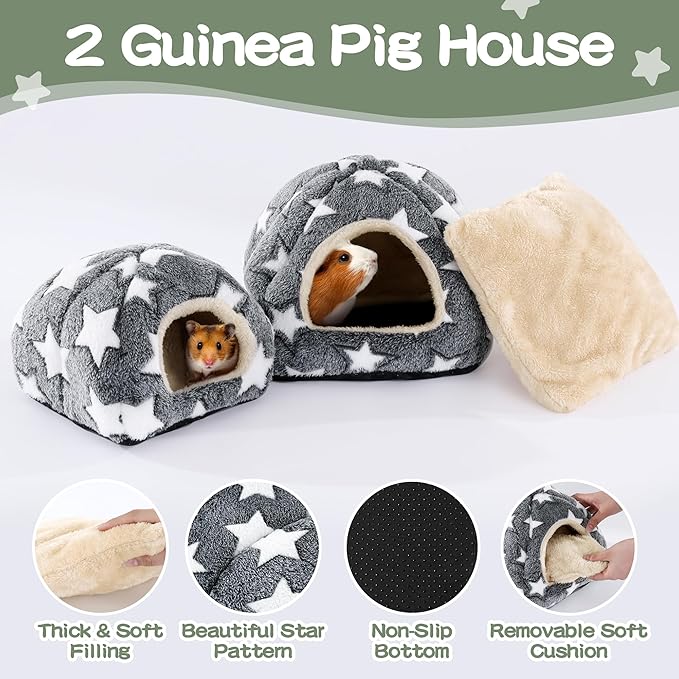 MABOZOO 3 Pack Guinea Pig House Accessories, 2 Cozy Guinea Pig Bed and Hideout Tunnel, Chinchillas Hideout for Hamster, Rabbit, Bunny, Chinchillas (Gray)