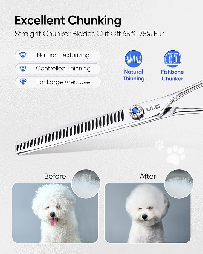 ULG Professional Dog Grooming Scissors 7.0” Straight Chunker Shear 65%-75% Thinning Rate 440C Japanese Stainless Steel Tension Adjustable Right Handed Pet Grooming Shears