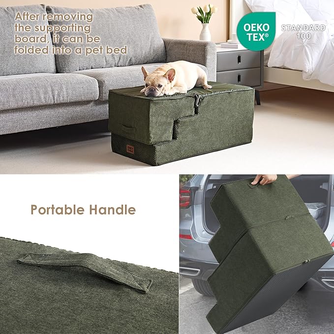 EHEYCIGA Dog Stairs for Bed 25" H, 5-Step Extra Wide Dog Steps for High Bed, Pet Steps for Small Dogs and Cats, Non-Slip Balanced Pet Ramp Indoor, Military Green