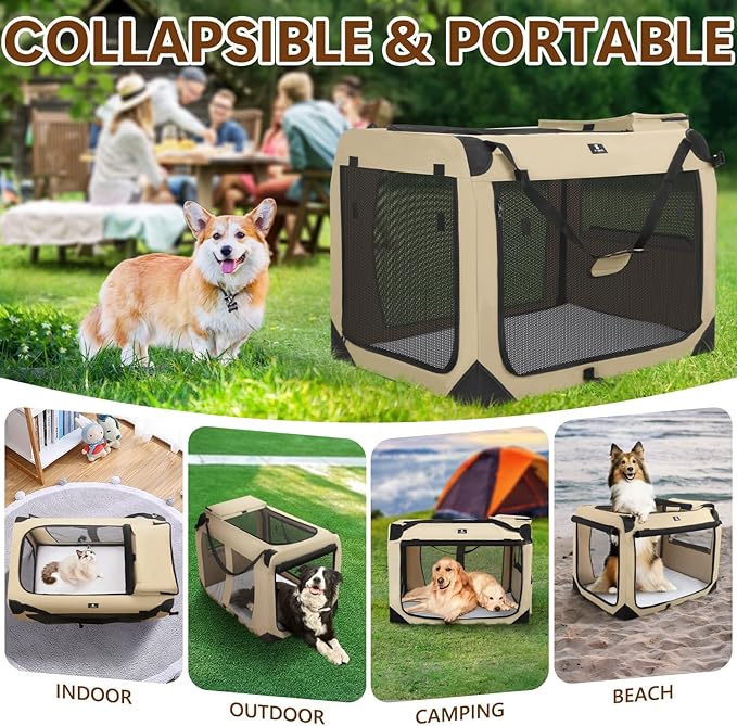 X-ZONE PET Dog Crate 3-Door Kennel, Collapsible Portable Soft Sided Pet Carriers for Indoor & Outdoor, Multiple (32-Inch, Rice White)