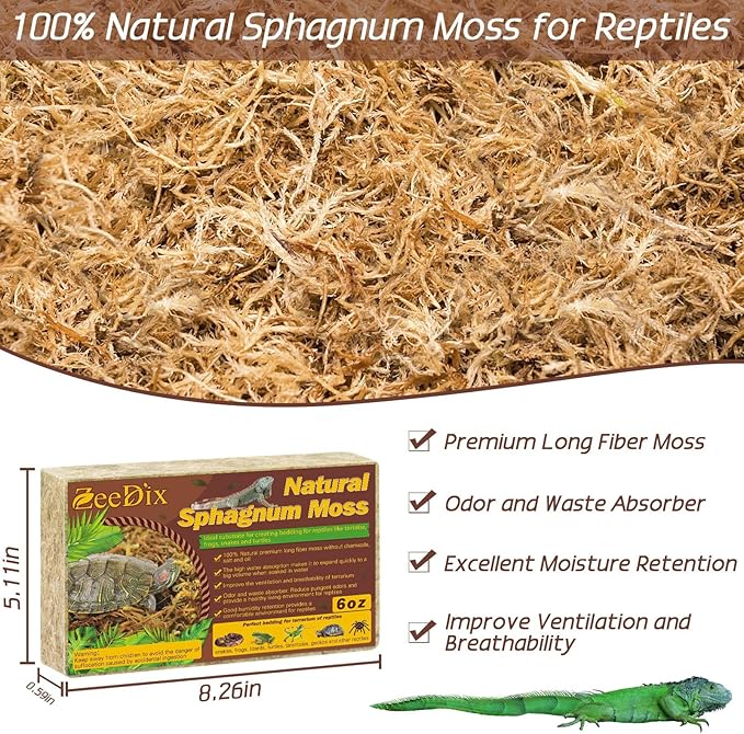 ZeeDix 6 OZ Long Fiber Sphagnum Moss for Reptiles, 8QT Natural Dried Terrarium Reptile Moss Bedding Substrate for Leopard Gecko, Tortoise, Snakes, Frogs, Ball Python & Other Reptiles
