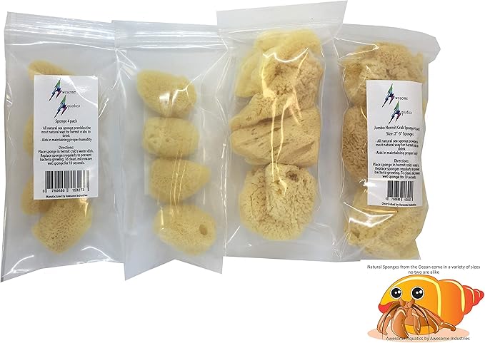 Awesome Aquatic Natural Jumbo Hermit Crab Sponges 4 Pack Natural Sea Sponge Maintains Providing Humidity Helps with Drinking Water Safety Provides Minerals and Nutrients Clean and Sterile (Jumbo 4 PK)