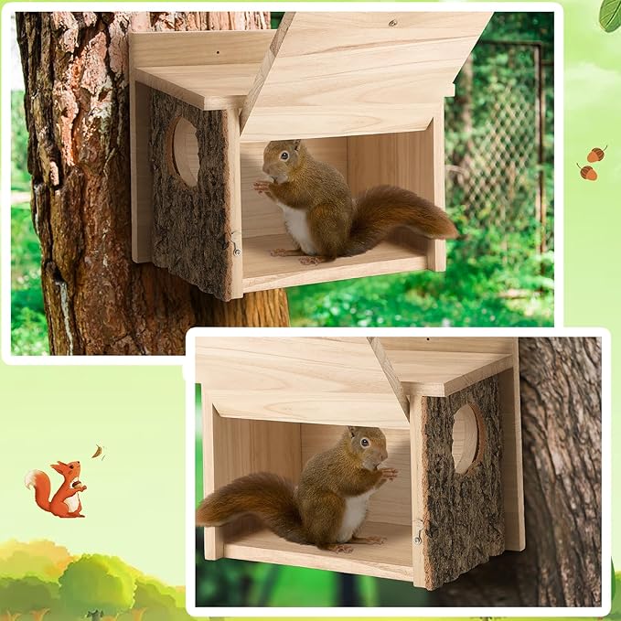Wonderjune 1 Pcs Large Squirrel Nesting Box Squirrel House for Outside Nesting Hanging Handcraft Thick Wood Winter Chipmunk Outdoor Shelter Garden Yard Support Local Wildlife Easy Install(Horizontal)