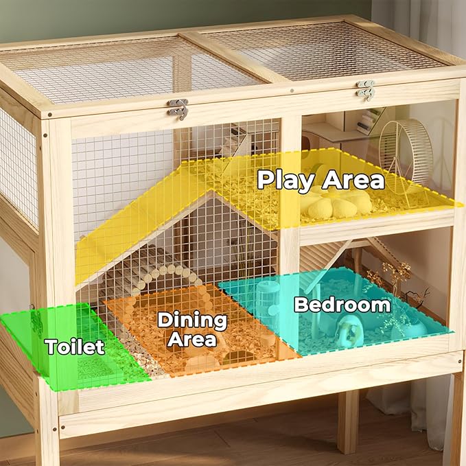 Guinea Pig Cages for 2, Rabbit Hamster Cage with Wooden Stand, 2-Story Large Indoor Small Animal House with a Pull Out Tray and Ramp, Guinea Pig Hideout Platform for Hamster,Natural