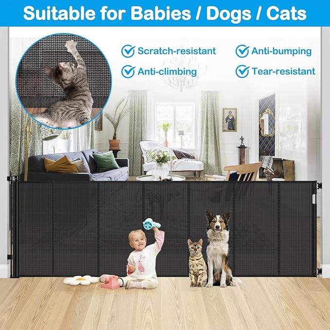 Reinforced 42" Extra Tall X 159" Extra Wide Retractable Pet Gate for Dogs Stop Babies and Pets from Drilling Through Outdoor Retractable Baby Gates Extra Tall Retractable Dog Gate Extra Wide Baby Gate