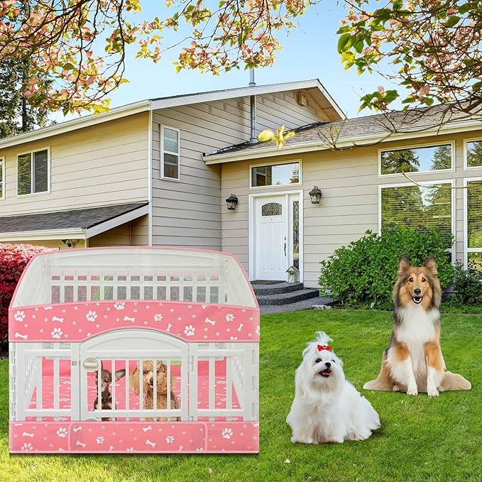 2 Pack Dog Playpens Cover and Bottom Mat Fits for 36 Inch 4 Panels Pet PlayPen, Dog Crate Cover Puppy Exercise Pad, Reusable Washable, Hoop and Loop Design, Playpen Not Included(Pink)