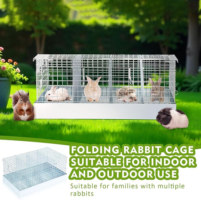 DoubleFill 4 Hole Folding Rabbit Transport Cage, 24 x 12 x 10 in Portable Rabbit Bunny Carrier with Tray and Handles for Travel Temporary Housing, Indoor Outdoor Pet Habitat Animal Enclosure