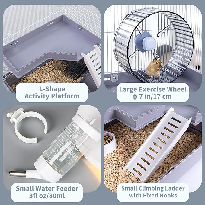 Small Hamster Cage Starter Kit 19”Lx12”Wx12”H for Dwarf Hamster & Robo Hamster with Multilevel Platforms, 2 Tube Ports, Exercise Wheel, Ladders, Water Bottle, Food Bowl, Gray