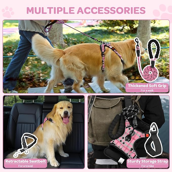 FURRYFECTION Plaid Dog Harness for Medium Dogs, Reflective No Pull Adjustable Pet Vest with Front Clip, Leash, Easy Control Handle and Seat Belt, Pink&Black, M