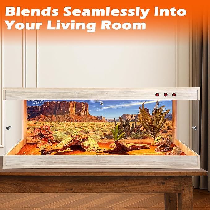 ROYXEN Reptile Tank, 81 Gallons Reptile Enclosure with Lockable Design, Tempered Glass Bearded Dragon Tank for Lizard Habitat, Soild Wood Built-in Sockets (Oak, 47.5"x19.5"x19.5")